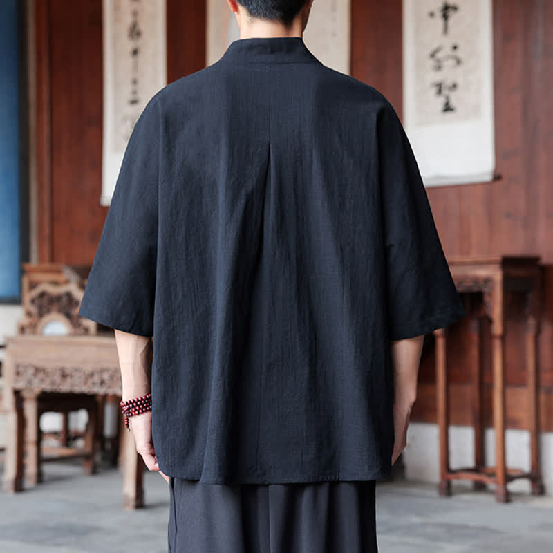 Buddha Stones Spring Summer Tang Style Minimalist Pankou Solid Men's Elbow-Length Shirts - image 12