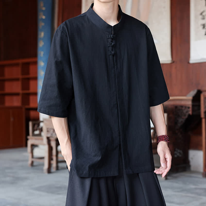 Buddha Stones Spring Summer Tang Style Casual Frog Button Solid Cotton Linen Men's Elbow-Length Sleeve Shirts - image 10