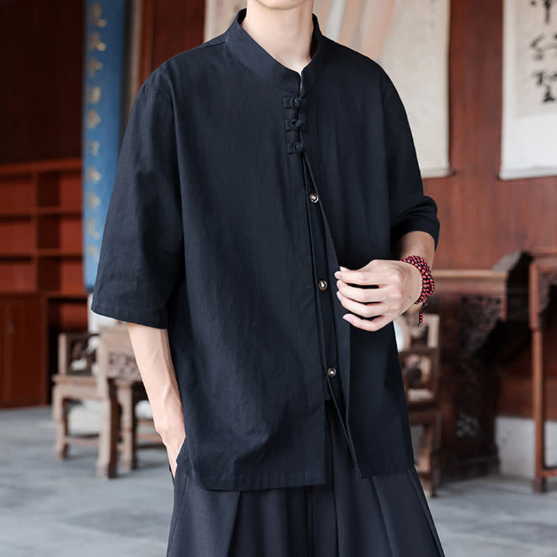 Buddha Stones Spring Summer Tang Style Casual Frog Button Solid Cotton Linen Men's Elbow-Length Sleeve Shirts - image 12