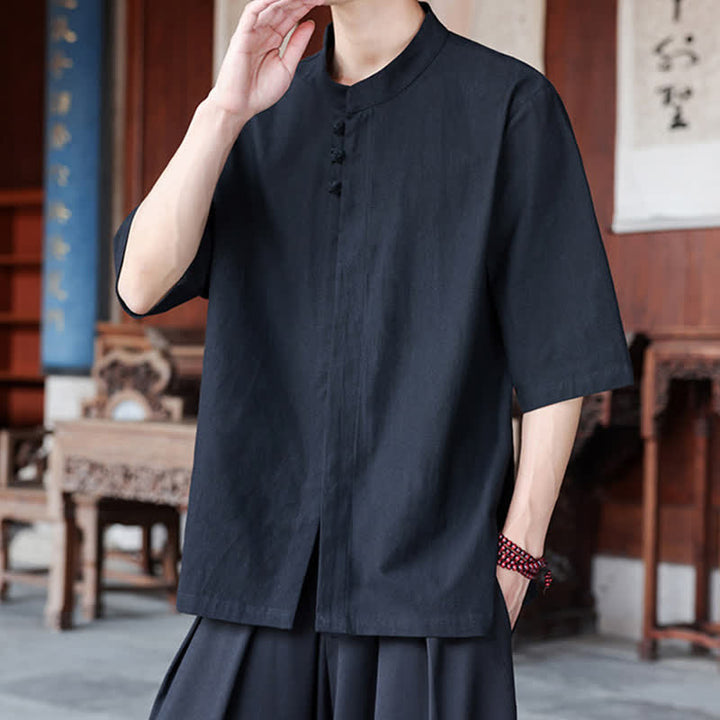 Buddha Stones Spring Summer Tang Style Casual Frog Button Solid Cotton Linen Men's Elbow-Length Sleeve Shirts - image 14