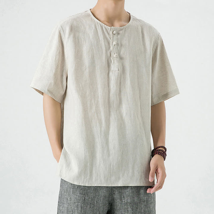 Buddha Stones Spring Summer Casual Minimalist Button-Up Solid Men's Short Sleeve Shirts - Linen - US/UK/AU46，EU56 (5XL) - image 0