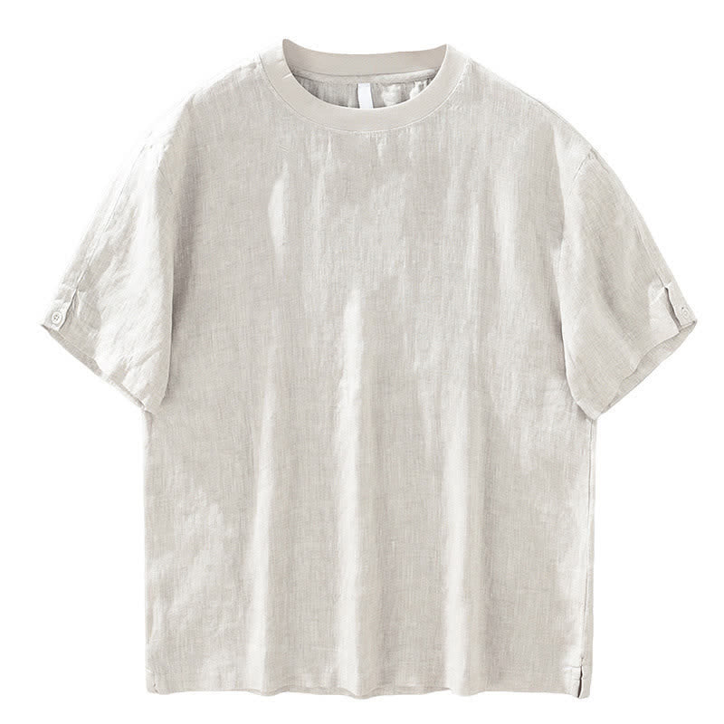 Buddha Stones Summer Casual Minimalist Solid Linen Crew Neck Men's Short Sleeve T-Shirts - image 3