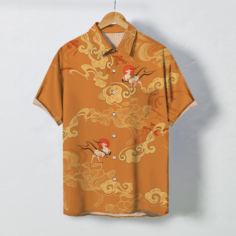 Buddha Stones Auspicious Cloud Celestial Crane Pattern Buttons Breathable Men's Short Sleeve Shirt - Peru - US/UK/AU48，EU58 (4XL) - image 0