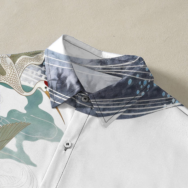 Buddha Stones Crane Wave Cloud Pattern Buttons Breathable Men's Short Sleeve Shirt - image 2