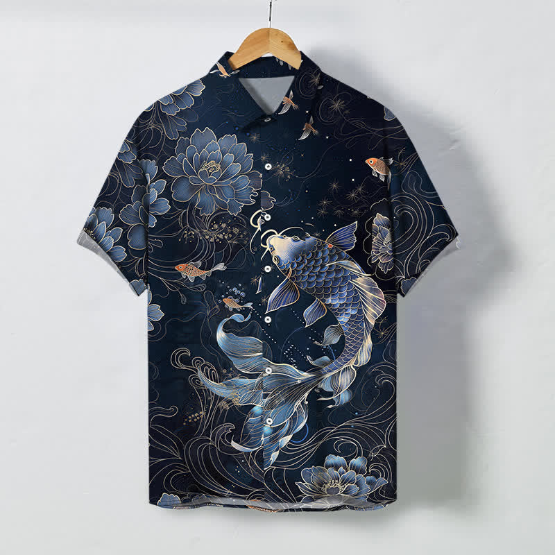 Buddha Stones Blue Koi Lotus Pattern Buttons Breathable Men's Short Sleeve Shirt - Navy - US/UK/AU48，EU58 (4XL) - image 0