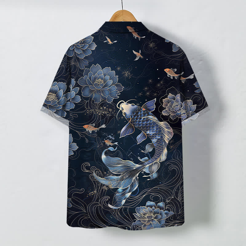Buddha Stones Blue Koi Lotus Pattern Buttons Breathable Men's Short Sleeve Shirt - image 1