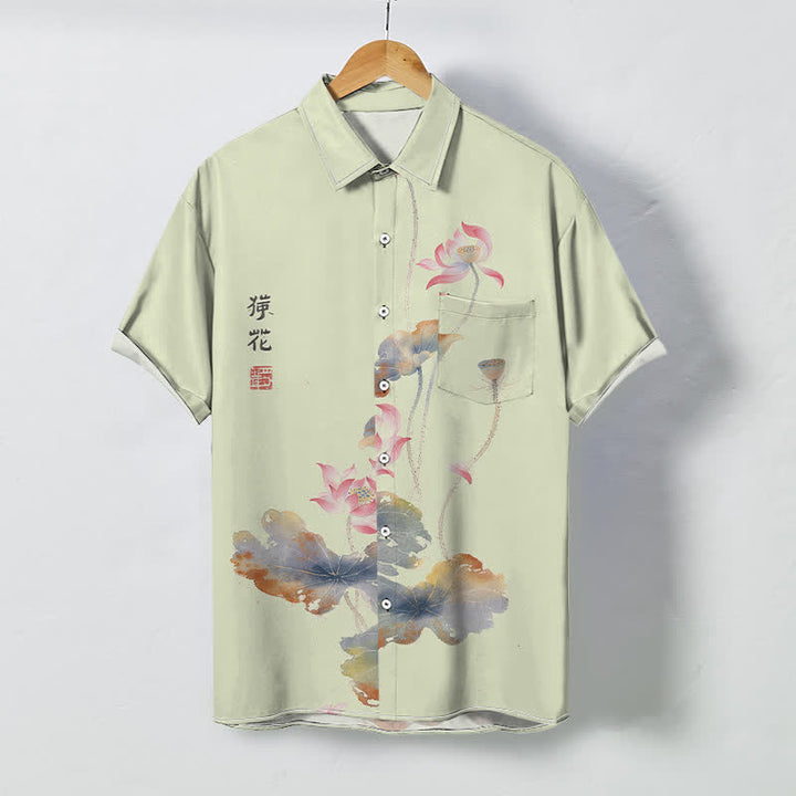 Buddha Stones Ink Lotus Calligraphy Pattern Buttons Breathable Men's Short Sleeve Shirt - YellowGreen - US/UK/AU48，EU58 (4XL) - image 5