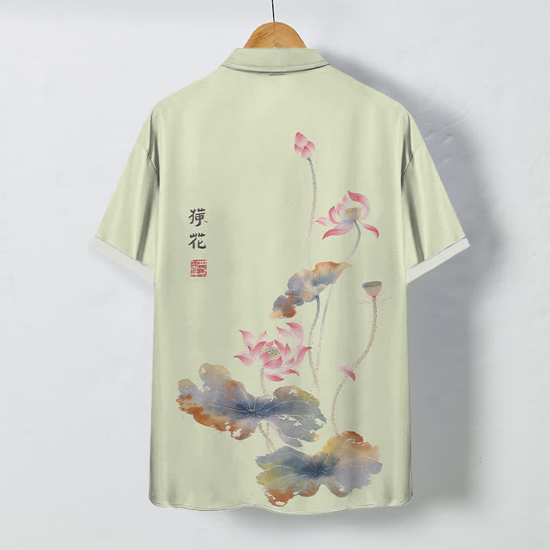 Buddha Stones Ink Lotus Calligraphy Pattern Buttons Breathable Men's Short Sleeve Shirt - image 6
