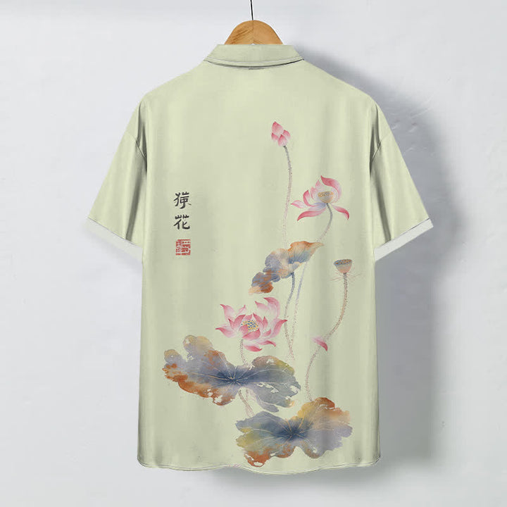 Buddha Stones Ink Lotus Calligraphy Pattern Buttons Breathable Men's Short Sleeve Shirt - image 6