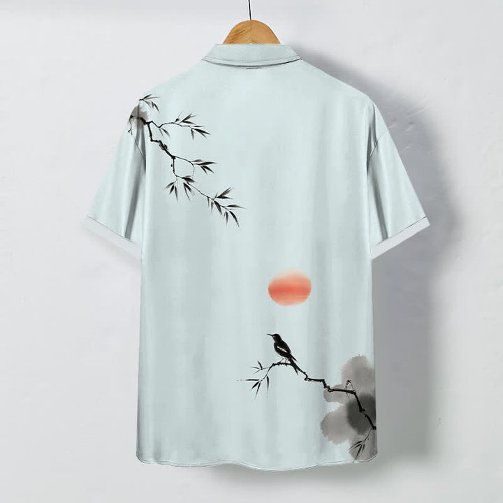 Buddha Stones Ink Bamboo Bird Sun Pattern Buttons Breathable Men's Short Sleeve Shirt - image 6