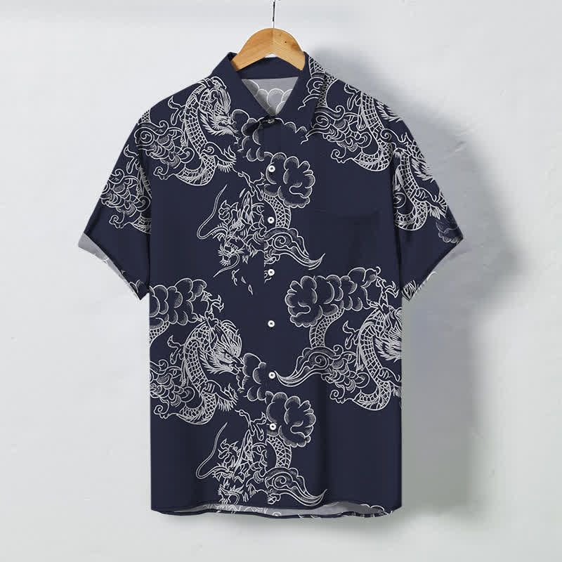 Buddha Stones Vintage Floral Scroll Pattern Buttons Breathable Men's Short Sleeve Shirt - MidnightBlue - US/UK/AU48，EU58 (4XL) - image 0