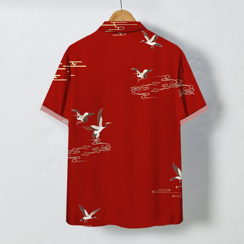 Buddha Stones Red Crane Cloud Pattern Buttons Wrinkle-resistant Men's Short Sleeve Shirt - image 1