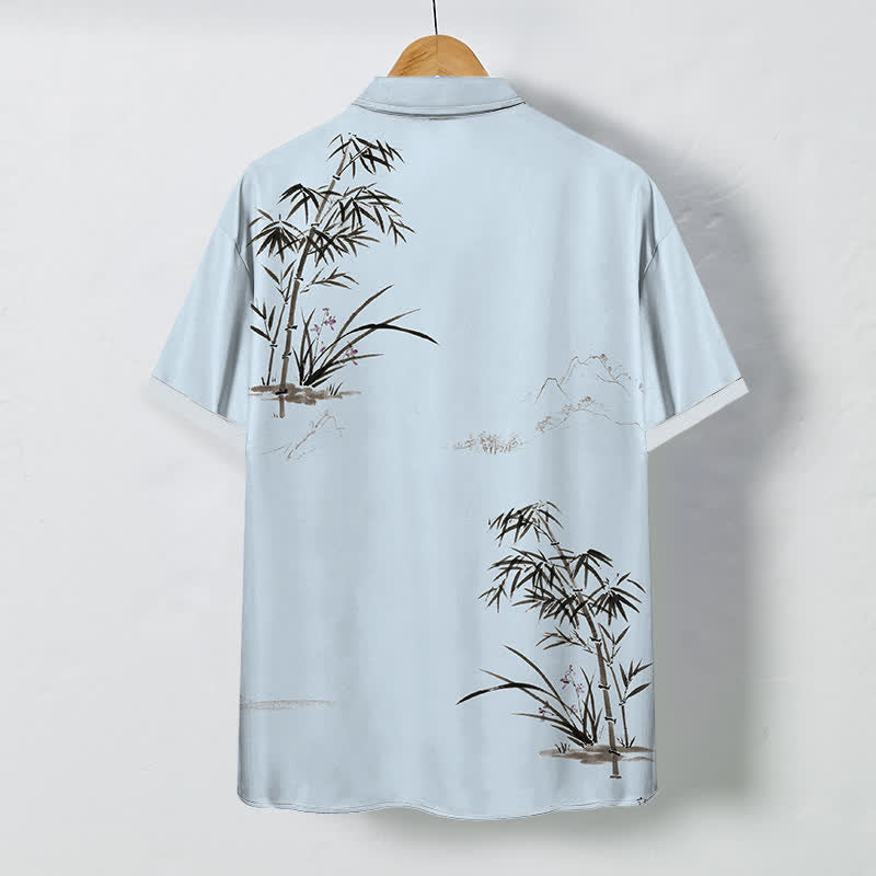 Buddha Stones Ink Bamboo Landscape Pattern Buttons Breathable Men's Short Sleeve Shirt - image 4