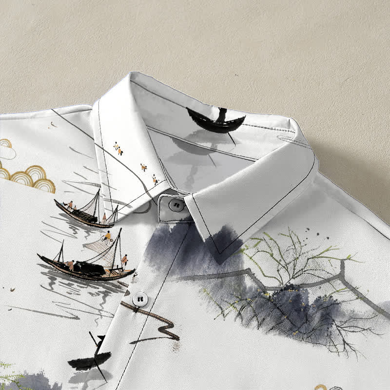 Buddha Stones Ink Landscape Mountain Boat Pattern Buttons Breathable Men's Short Sleeve Shirt - image 2