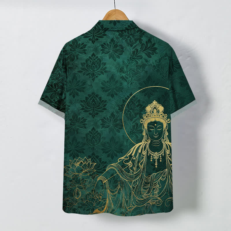 Buddha Stones Vintage Botanical Lotus Figure Pattern Buttons Wrinkle-resistant Men's Short Sleeve Shirt - image 1