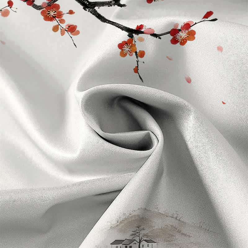 Buddha Stones Ink Landscape Red Blossom Pattern Buttons Breathable Men's Short Sleeve Shirt - image 2