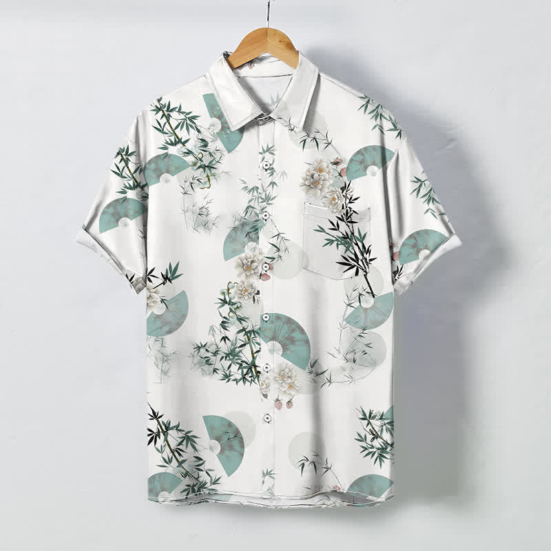 Buddha Stones Mint Fan Bamboo Blossom Pattern Buttons Breathable Men's Short Sleeve Shirt - White - US/UK/AU48，EU58 (4XL) - image 0