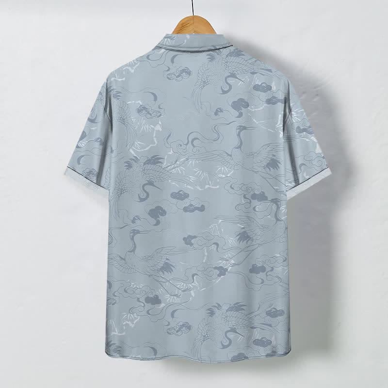 Buddha Stones Cloud Crane Pattern Buttons Breathable Men's Short Sleeve Shirt - image 1