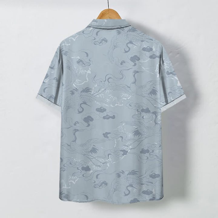 Buddha Stones Cloud Crane Pattern Buttons Breathable Men's Short Sleeve Shirt - image 1