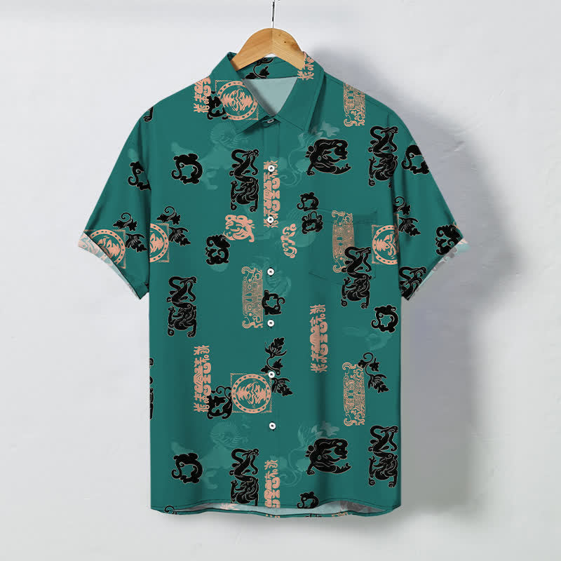 Buddha Stones Vintage Teal Letter Pattern Buttons Breathable Men's Short Sleeve Shirt - Teal - US/UK/AU48，EU58 (4XL) - image 0