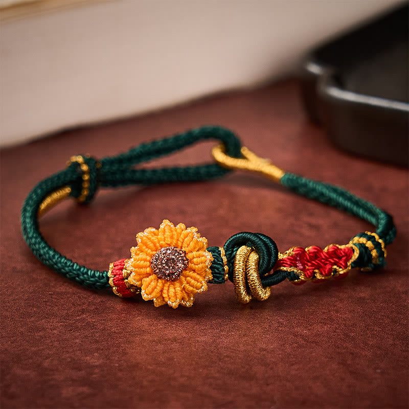 Buddha Stones Hand-Woven Red String Peach Blossom Sunflower Luck Bracelet - Green(Wrist Circumference: 5.51-7.48 in / 14-19cm) - image 0