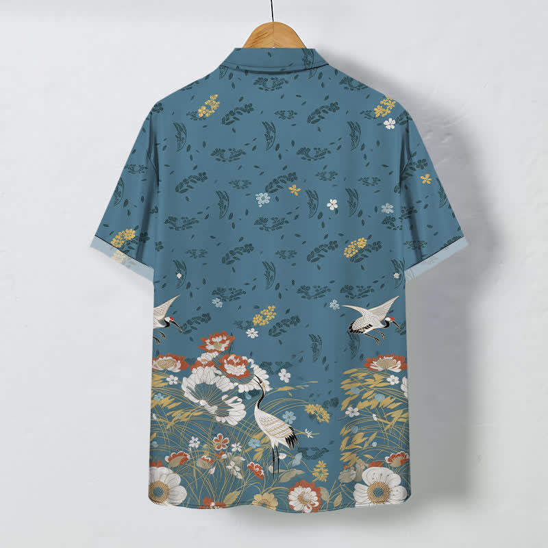 Buddha Stones Floral Crane Pattern Buttons Breathable Men's Short Sleeve Shirt - image 1