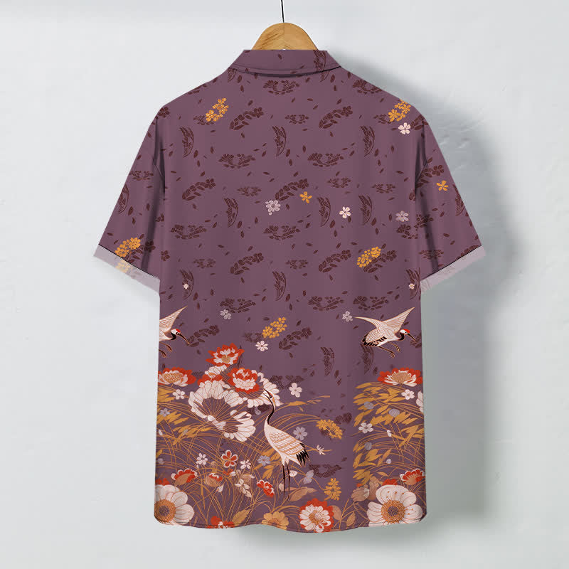 Buddha Stones Floral Crane Pattern Buttons Breathable Men's Short Sleeve Shirt - image 8