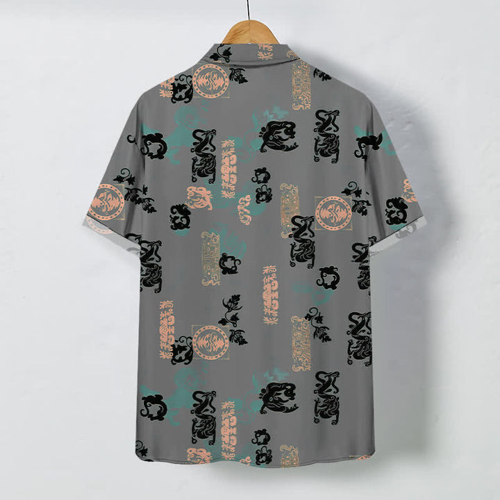 Buddha Stones Vintage Teal Letter Pattern Buttons Breathable Men's Short Sleeve Shirt - image 8
