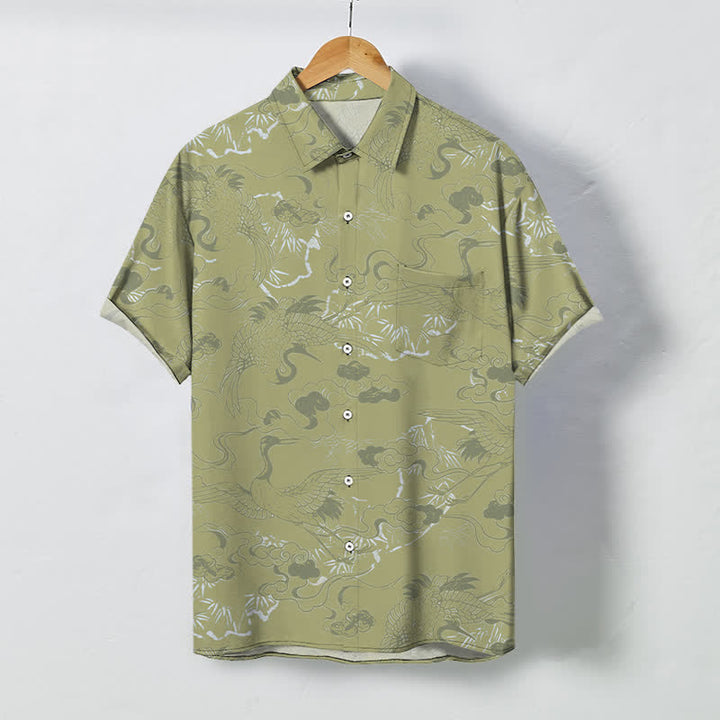 Buddha Stones Cloud Crane Pattern Buttons Breathable Men's Short Sleeve Shirt - YellowGreen - US/UK/AU48，EU58 (4XL) - image 5