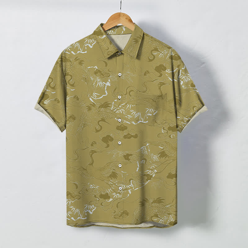Buddha Stones Cloud Crane Pattern Buttons Breathable Men's Short Sleeve Shirt - DarkKhaki - US/UK/AU48，EU58 (4XL) - image 7