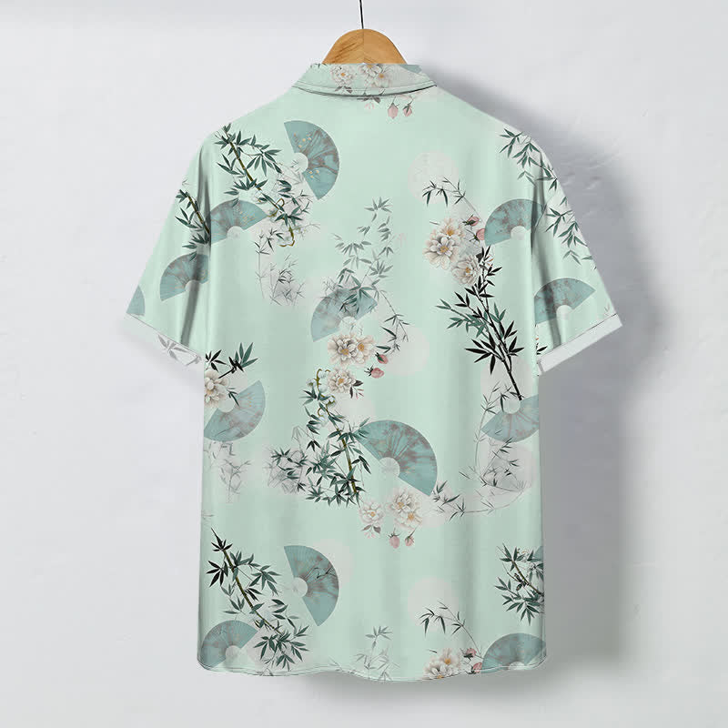 Buddha Stones Mint Fan Bamboo Blossom Pattern Buttons Breathable Men's Short Sleeve Shirt - image 4