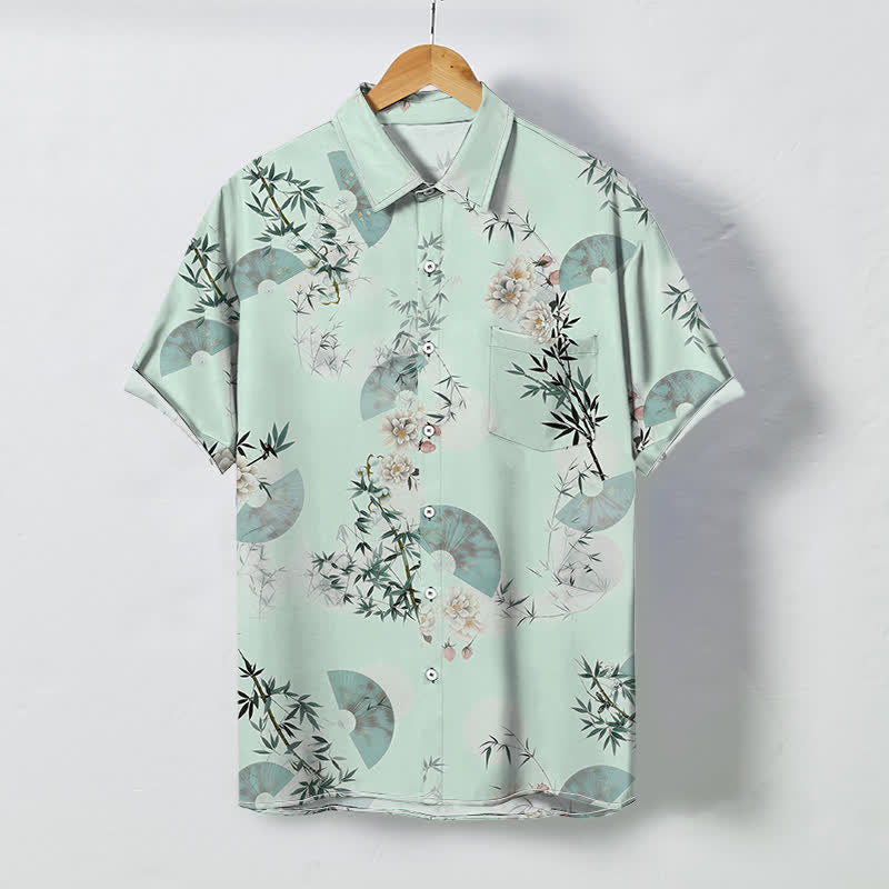 Buddha Stones Mint Fan Bamboo Blossom Pattern Buttons Breathable Men's Short Sleeve Shirt - Honeydew - US/UK/AU48，EU58 (4XL) - image 3