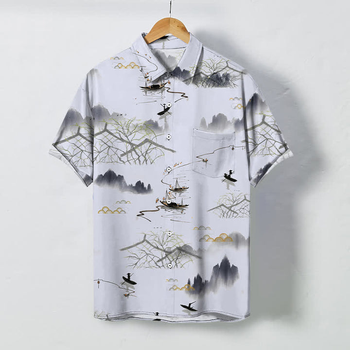 Buddha Stones Ink Landscape Mountain Boat Pattern Buttons Breathable Men's Short Sleeve Shirt - WhiteSmoke - US/UK/AU48，EU58 (4XL) - image 7