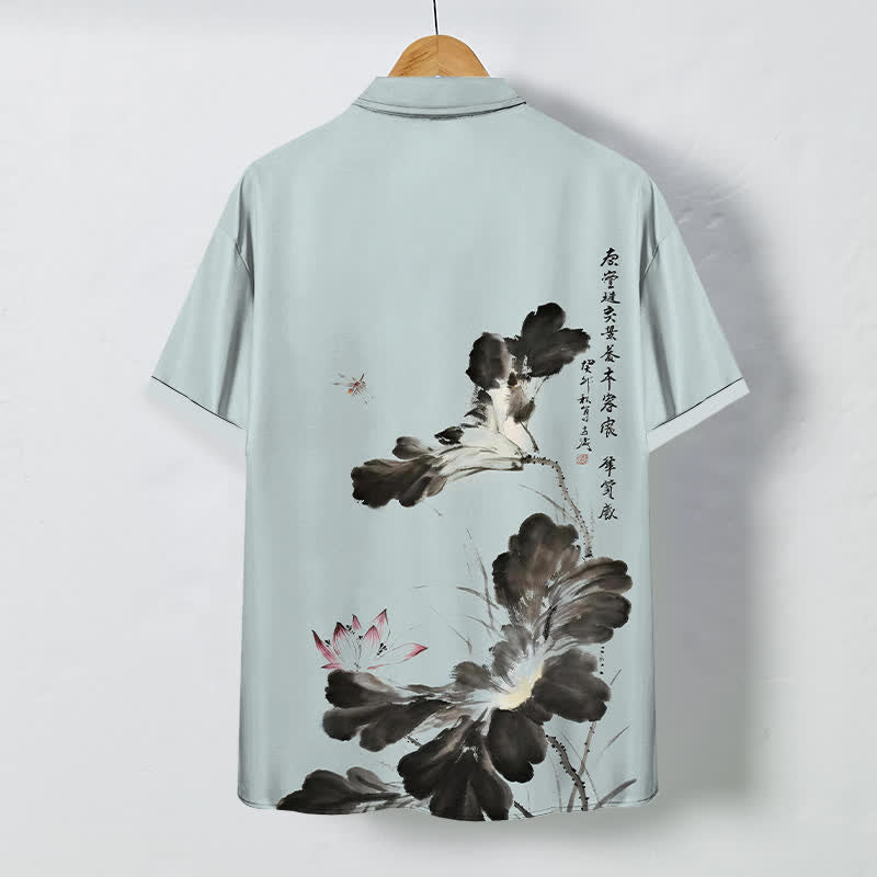 Buddha Stones Ink Floral Calligraphy Pattern Buttons Breathable Men's Short Sleeve Shirt - image 8