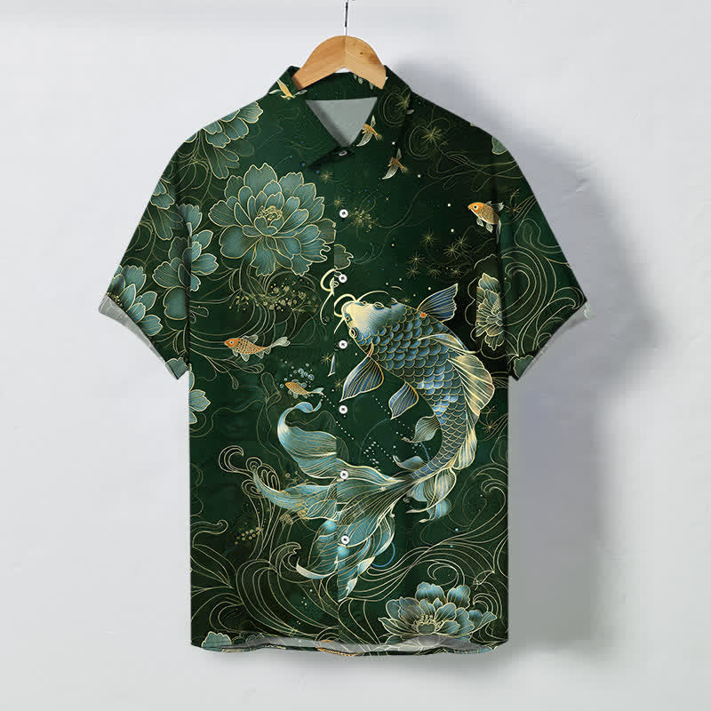 Buddha Stones Blue Koi Lotus Pattern Buttons Breathable Men's Short Sleeve Shirt - DarkGreen - US/UK/AU48，EU58 (4XL) - image 5