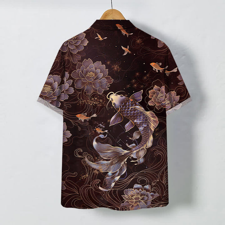 Buddha Stones Blue Koi Lotus Pattern Buttons Breathable Men's Short Sleeve Shirt - image 8
