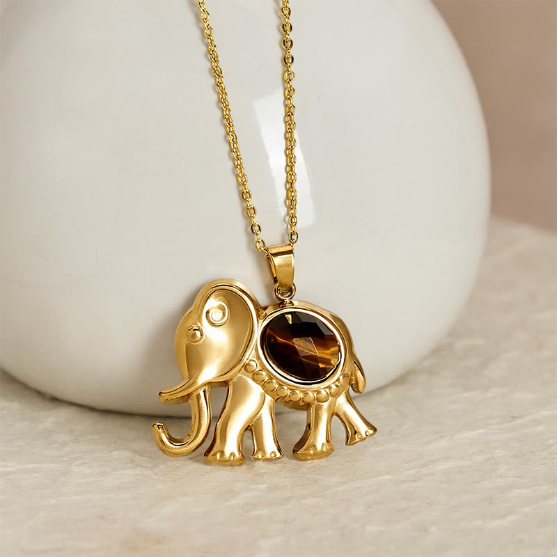 Buddha Stones Gold Plated Tiger Eye Elephant Protection Necklace - image 1