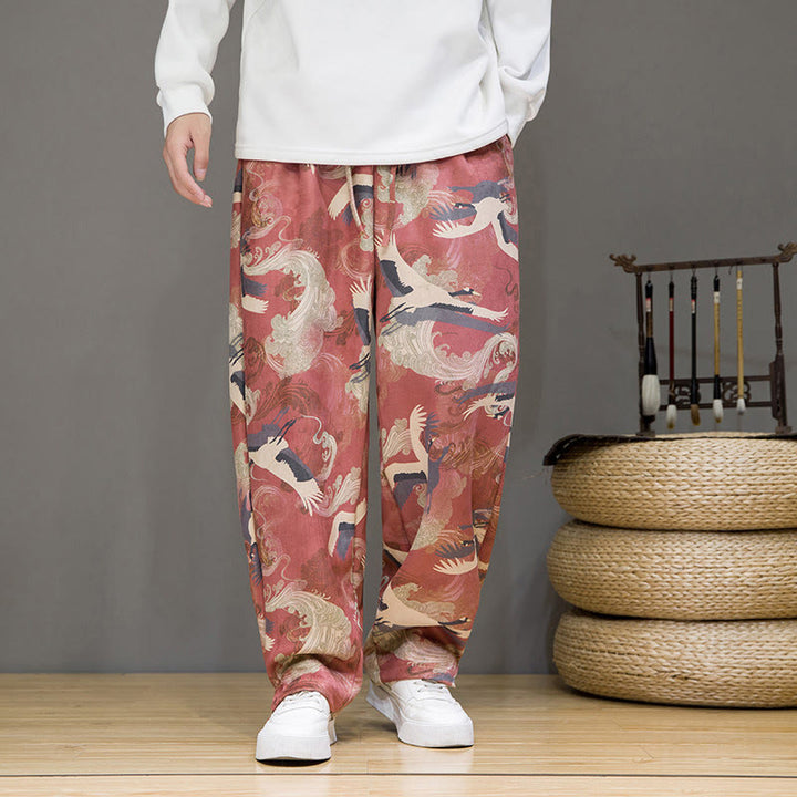 Buddha Stones Spring Summer Casual Drawstring Crane Print Ankle Pants Men's Harem Pants With Pockets - image 11