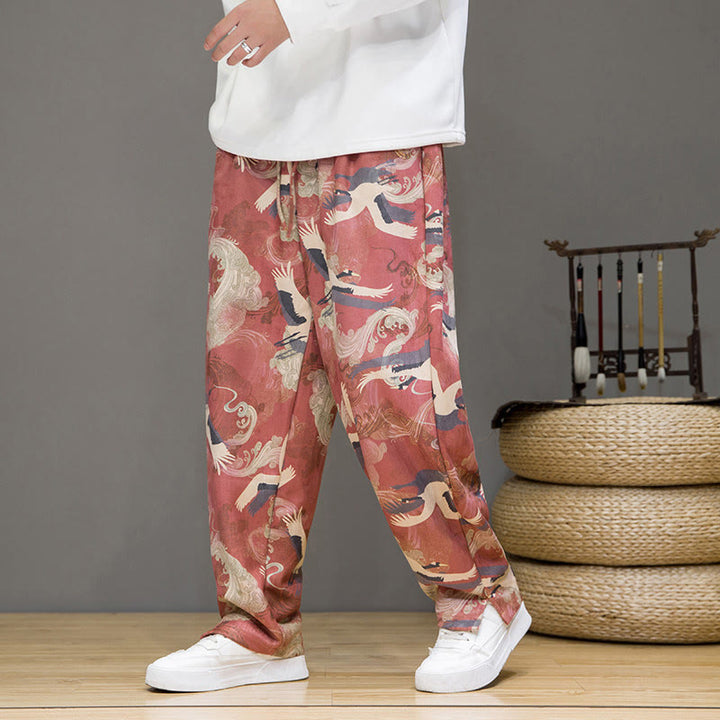 Buddha Stones Spring Summer Casual Drawstring Crane Print Ankle Pants Men's Harem Pants With Pockets - IndianRed - US/UK/AU44，EU54 (4XL) - image 9