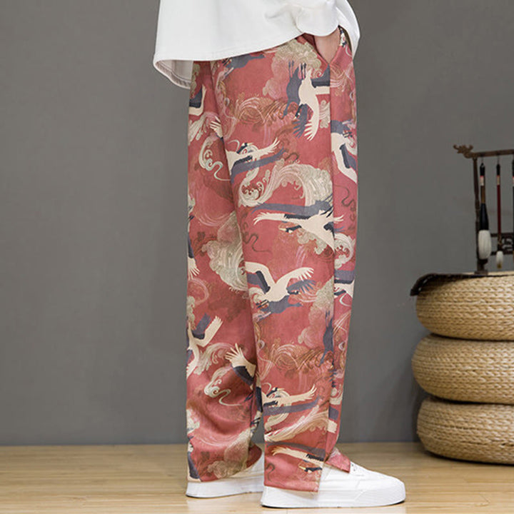 Buddha Stones Spring Summer Casual Drawstring Crane Print Ankle Pants Men's Harem Pants With Pockets - image 13