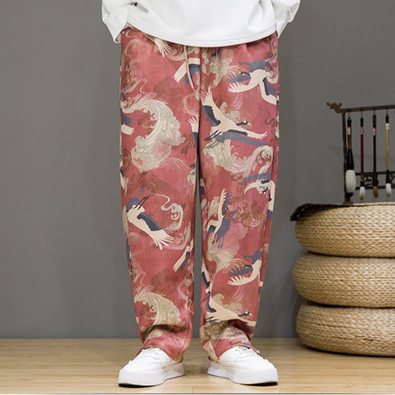Buddha Stones Spring Summer Casual Drawstring Crane Print Ankle Pants Men's Harem Pants With Pockets - image 16
