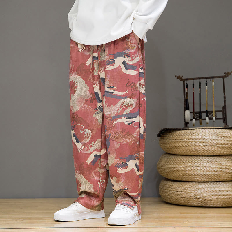 Buddha Stones Spring Summer Casual Drawstring Crane Print Ankle Pants Men's Harem Pants With Pockets - image 15
