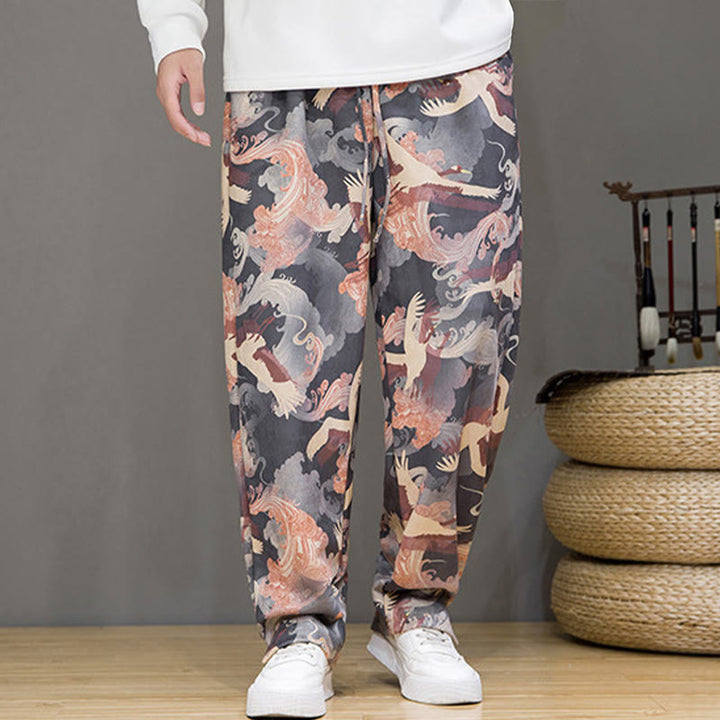 Buddha Stones Spring Summer Casual Drawstring Crane Print Ankle Pants Men's Harem Pants With Pockets - image 21