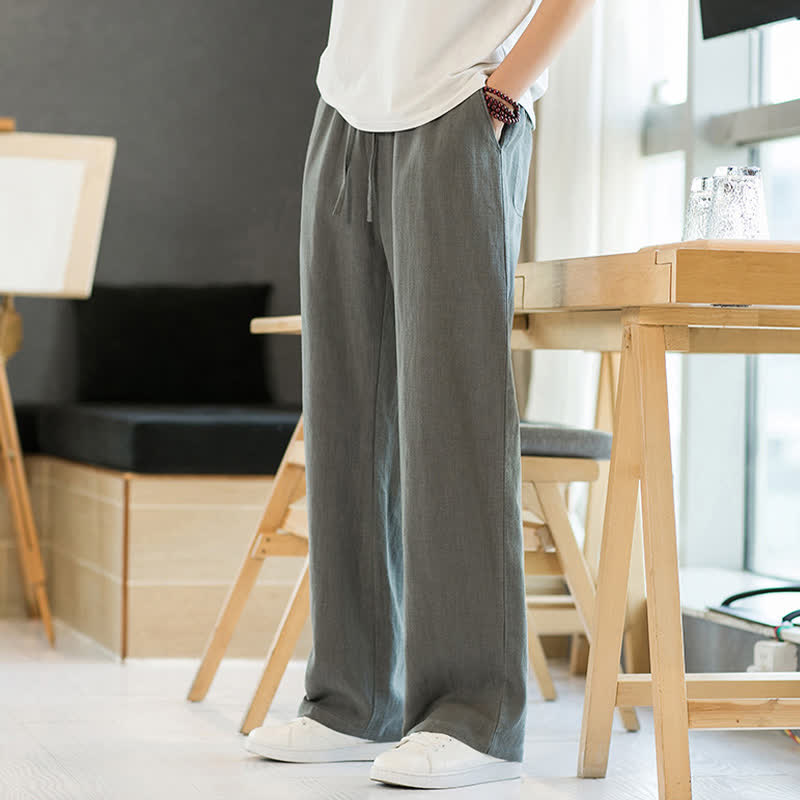 Buddha Stones Spring Summer Casual Minimalist Drawstring Solid Long Pants Men's Straight Leg Pants With Pockets - image 5