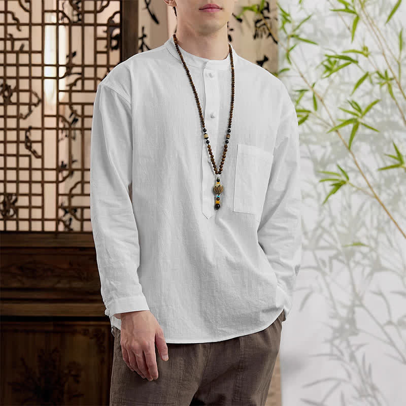 Buddha Stones Spring Tang Style Minimalist Mandarin Collar Solid Linen Cotton Men's Long Sleeve Shirts With Patch Pocket - image 18