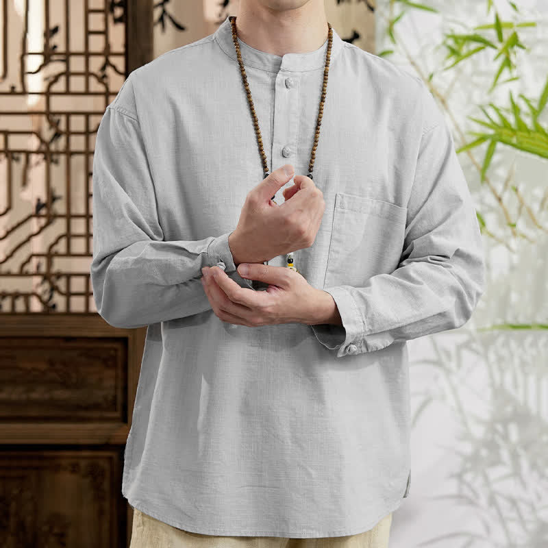 Buddha Stones Spring Tang Style Minimalist Mandarin Collar Solid Linen Cotton Men's Long Sleeve Shirts With Patch Pocket - image 16
