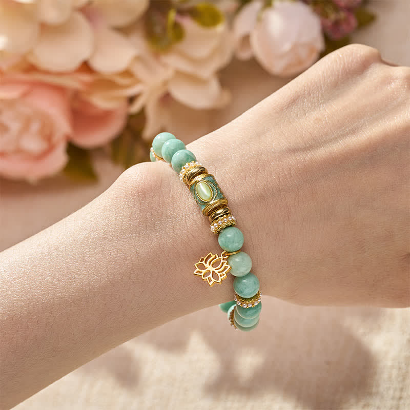 Buddha StonesAmazonite Enamel Barrel Bead Lotus Pendant Love Hand Polished Round Bead Bracelet - image 4