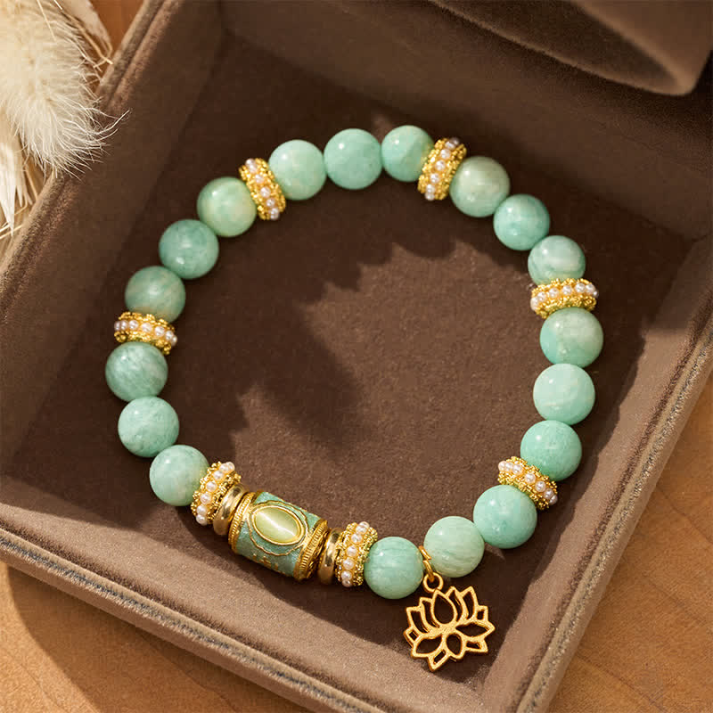 Buddha Stones Amazonite Enamel Barrel Bead Lotus Pendant Love Hand Polished Round Bead Bracelet - image 1