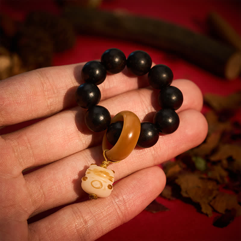 Buddha Stones Ebony Wood Charcoal-Grilled Cat & Bear Balance Tactile Meditation Beads Decorations - Cat - Ebony Wood(Balance♥Calm) - image 0