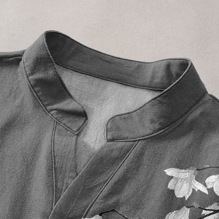 Buddha Stones Cotton White Floral Branch Pattern Men's Short Sleeve Half Button Shirt - image 2